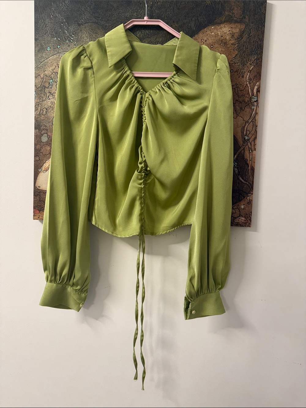 Olive Green Ruched Tie-Front Blouse
